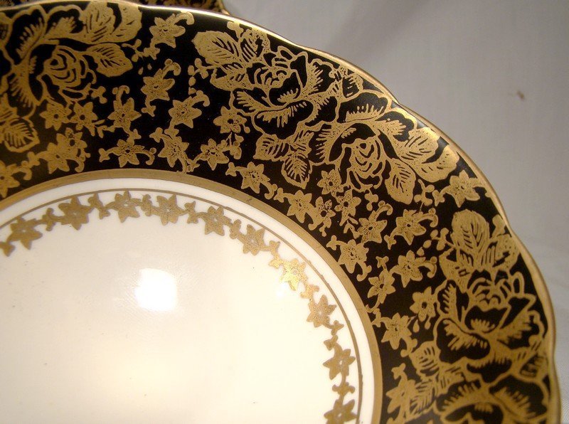 Royal Stafford Black &amp; Gold Roses &amp; Asters Brocade Cup &amp; Saucer 1950s