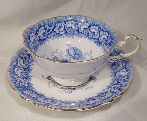 Paragon Blue and White Roses Bouquet Cup and Saucer 1950s