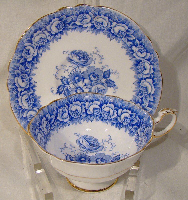 Paragon Blue and White Roses Bouquet Cup and Saucer 1950s