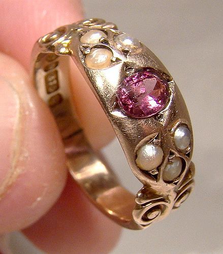 9K Edwardian Rhodolite Garnet & Seed Pearls Ring - Chester 1903