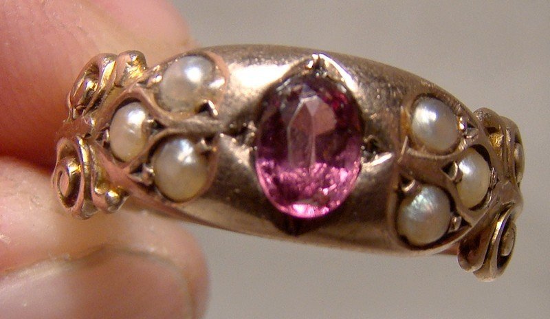 9K Edwardian Rhodolite Garnet &amp; Seed Pearls Ring - Chester 1903