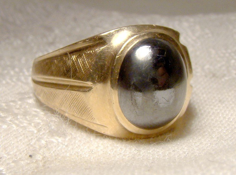 10K Man's Black Alaskan Diamond Hematite Cabochon Ring 1950s-60s