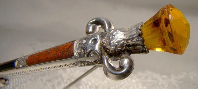 Scottish Dirk Pebble and Crystal Knife Pin or Brooch 1900