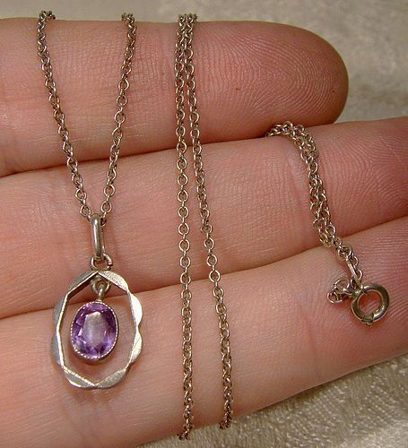 Amethyst Sterling Silver Pendant on Chain Necklace 1930s