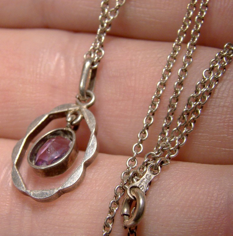 Amethyst Sterling Silver Pendant on Chain Necklace 1930s