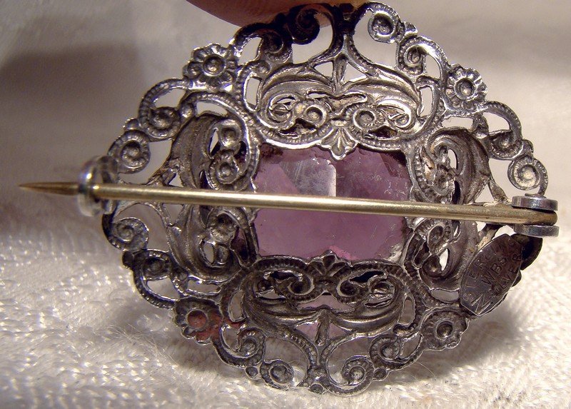 Scottish Sterling Silver Filigree Pin Brooch with Amethyst Crystal