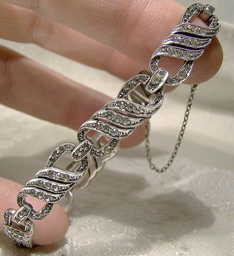 Birks Art Deco Sterling Silver Link Rhinestone Bracelet 1930s