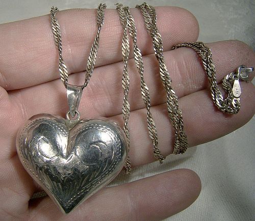 Sterling Silver Engraved Puffy Heart Pendant on Chain Necklace 1970s