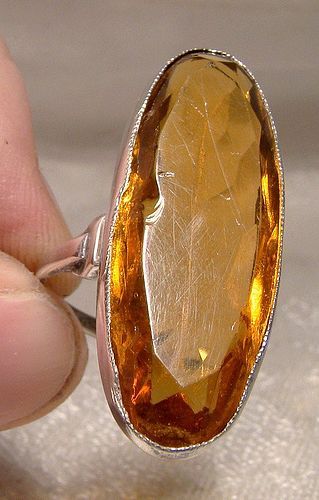 Art Deco Amber Cut Crystal Sterling Silver Cocktail Ring 1920 1930