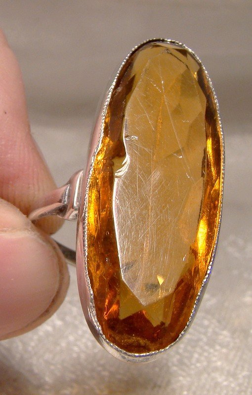 Art Deco Amber Cut Crystal Sterling Silver Cocktail Ring 1920 1930