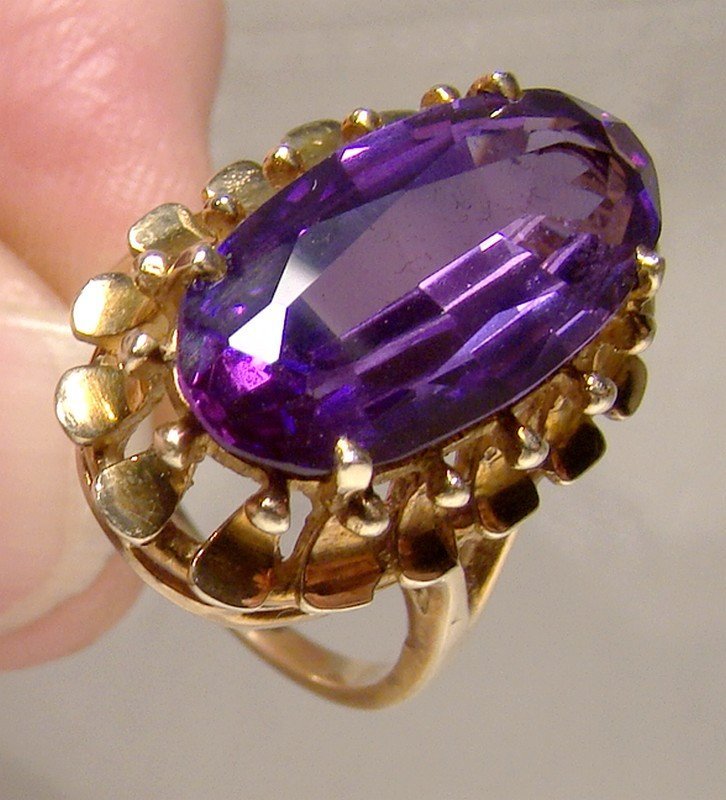 10K Yellow Gold Purple Synthetic Spinel Cocktail Ring 1960 Size 5-3/4