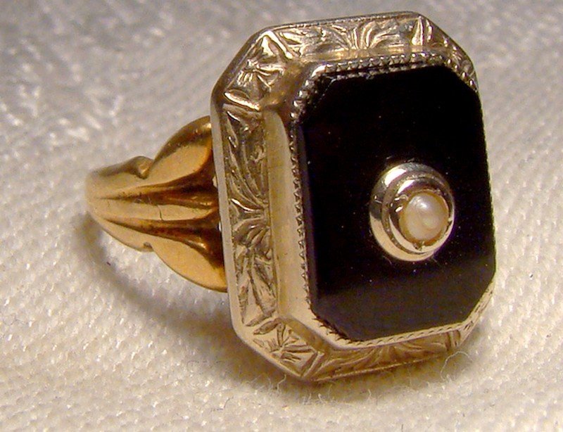 Art Deco 14K Gold Black Onyx and Pearl Signet Style Pinkie Ring 1920s