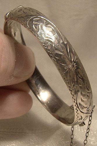 Child's Hand Engraved Sterling Silver Hinged Bangle Bracelet 1930s