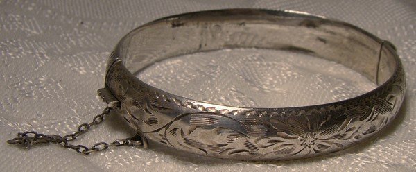 Child's Hand Engraved Sterling Silver Hinged Bangle Bracelet 1930s