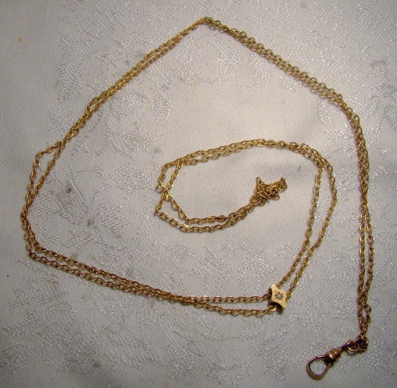 Edwardian Lady's Yellow Gold Filled Watch Chain Pearl &amp; Opal Slide