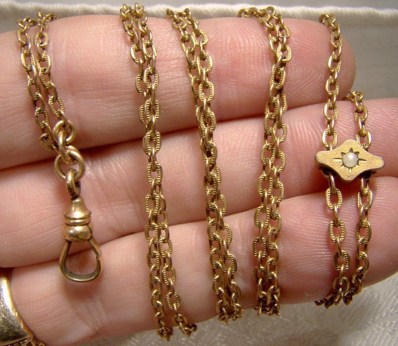 Edwardian Lady's Yellow Gold Filled Watch Chain Pearl &amp; Opal Slide
