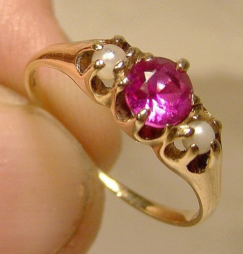 Edwardian 14K Synthetic Ruby and Pearls Ring 1900-10 Antique 14 K Ruby