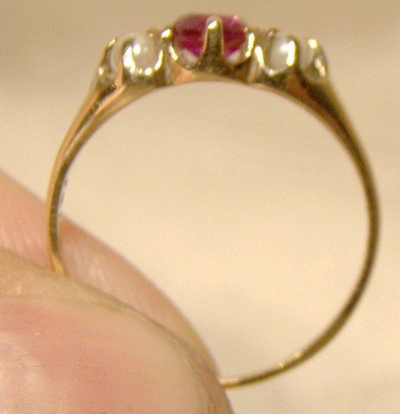 Edwardian 14K Synthetic Ruby and Pearls Ring 1900-10 Antique 14 K Ruby