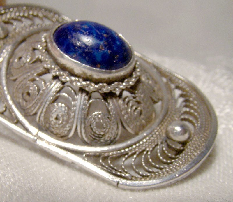 Silver Filigree Pin Brooch with Blue Glass Cabochon Stone 1930s