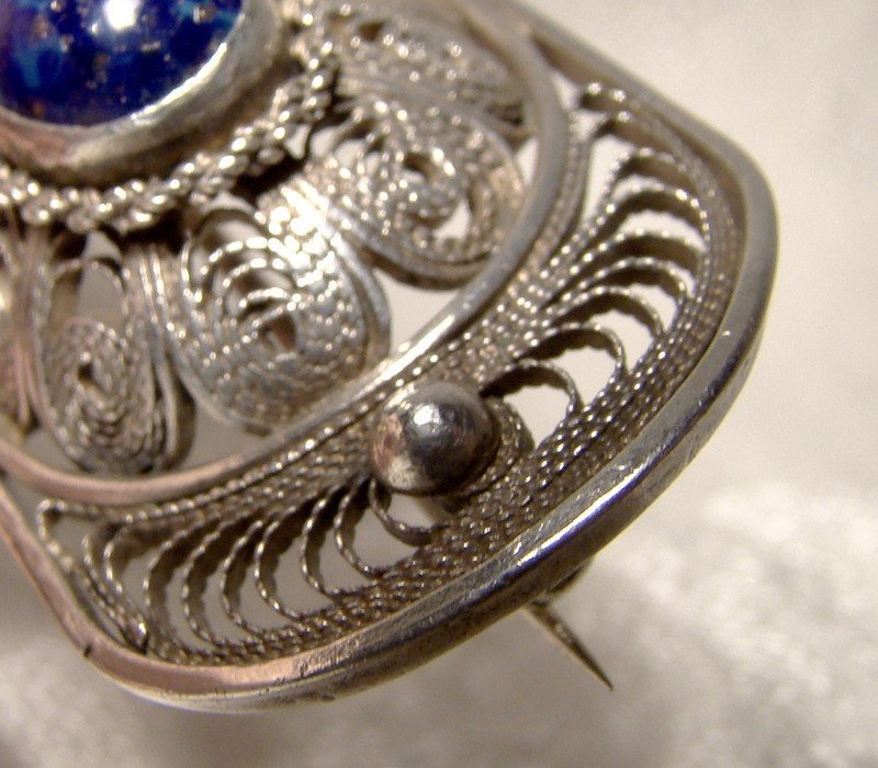 Silver Filigree Pin Brooch with Blue Glass Cabochon Stone 1930s