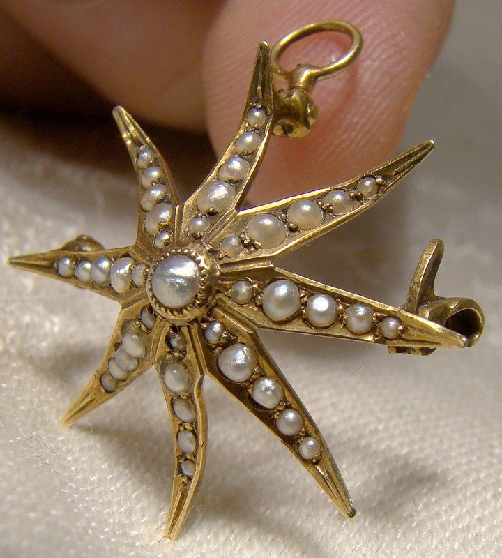 Victorian 14k Yellow Gold Starburst Seed Pearls Pendant Brooch or Pin