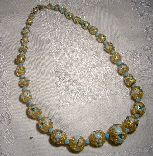 Murano Blue and Gold Edwardian Art Glass Necklace 1900 1910
