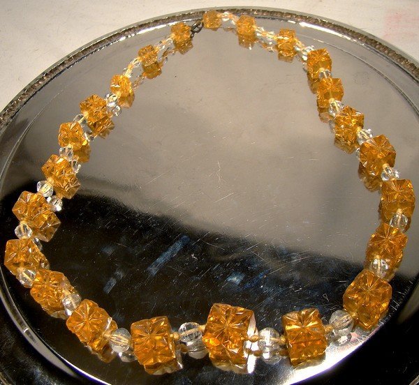 Czech Amber Molded Glass Cubes and Clear Beads Necklace 1910 1920