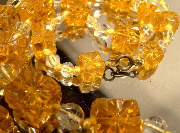 Czech Amber Molded Glass Cubes and Clear Beads Necklace 1910 1920