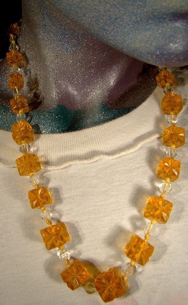 Czech Amber Molded Glass Cubes and Clear Beads Necklace 1910 1920