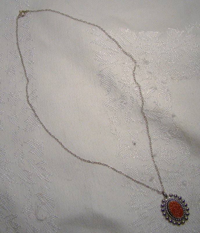 Goldstone Sterling Silver Pendant on Chain Necklace 1950s