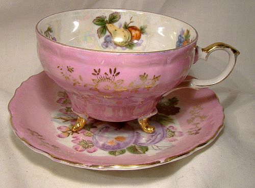 Japan 3 Footed Pink Lustre Fruit Cup and Saucer 1930s