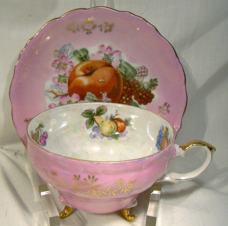 Japan 3 Footed Pink Lustre Fruit Cup and Saucer 1930s