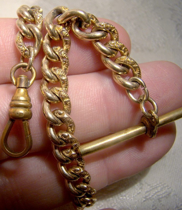 Victorian Ornate Embossed Link Gold Filled Man's Pocket Watch Chain