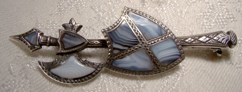 Scottish Sterling Silver BANDED AGATE Sword and Shield Brooch Pin 1863