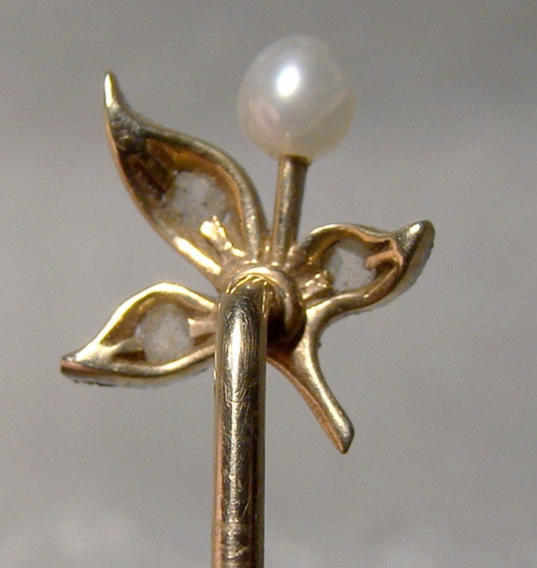 Victorian 15K DIAMONDS and Pearl STICKPIN Cravat Pin 1880-90 Lily