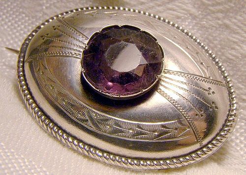 Victorian Engarved Silver Dome Pin Brooch with Purple Glass Stone