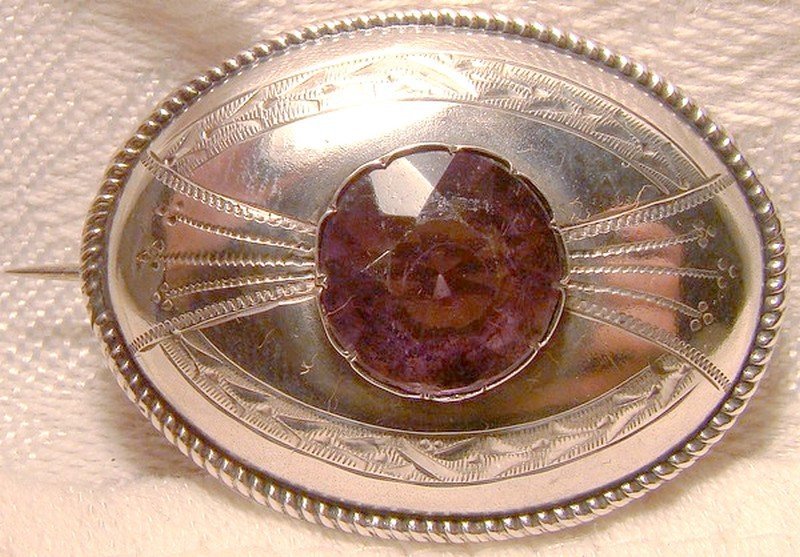 Victorian Engarved Silver Dome Pin Brooch with Purple Glass Stone