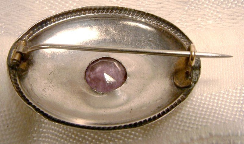 Victorian Engarved Silver Dome Pin Brooch with Purple Glass Stone