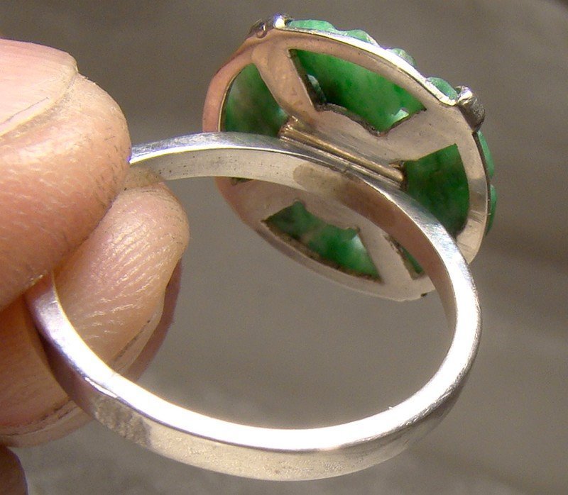 Sterling Silver Carved Green Jadite Jade Ring 1980s Size 7 - Jadeite