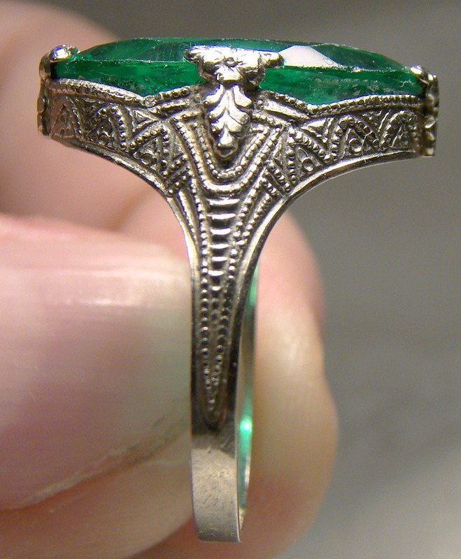 Art Deco 10K White Gold Synthetic Emerald Filigree Cocktail Ring 1920s