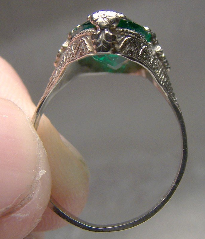 Art Deco 10K White Gold Synthetic Emerald Filigree Cocktail Ring 1920s