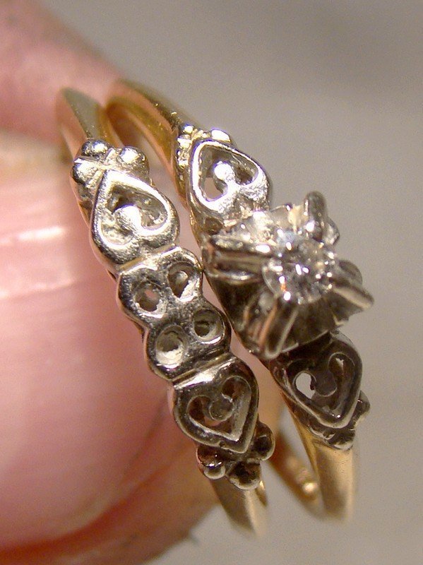 10K 14K Diamond Wedding Band Matching Engagement Ring Set Hearts 1940s