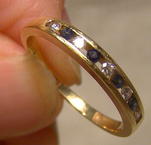 14K Yellow Gold Birks Blue Sapphire and Diamonds Row Ring 1970s 14 K
