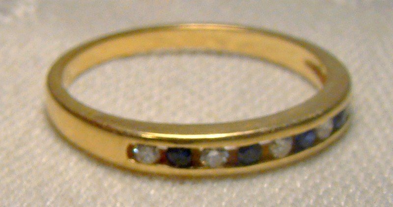 14K Yellow Gold Birks Blue Sapphire and Diamonds Row Ring 1970s 14 K