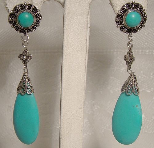 Silver Filigree Blue Turquoise Dangle Tear Drop Pierced Earrings