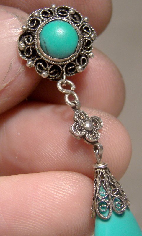 Silver Filigree Blue Turquoise Dangle Tear Drop Pierced Earrings