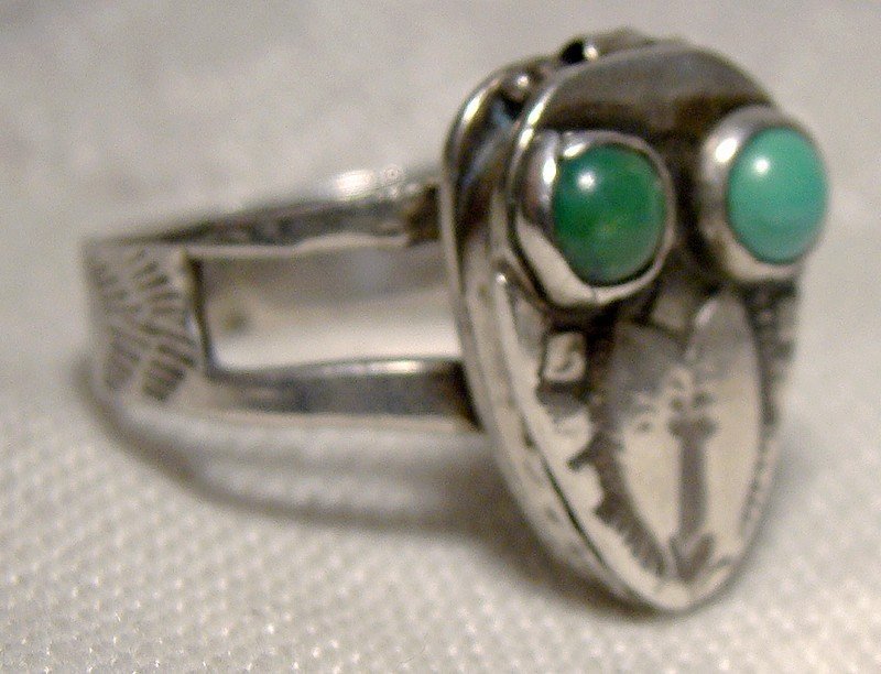 Sterling Bird Southwest Poison Ring with Turquoise Eyes 1930s
