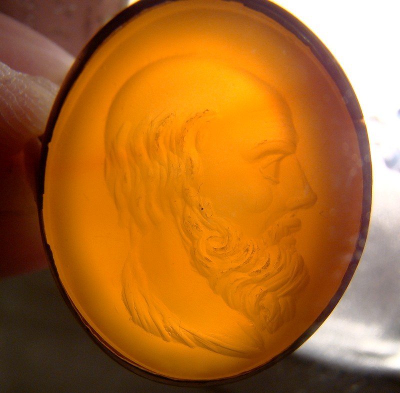 Victorian 18K Socrates Carnelian Intaglio Signet Ring Rose Gold