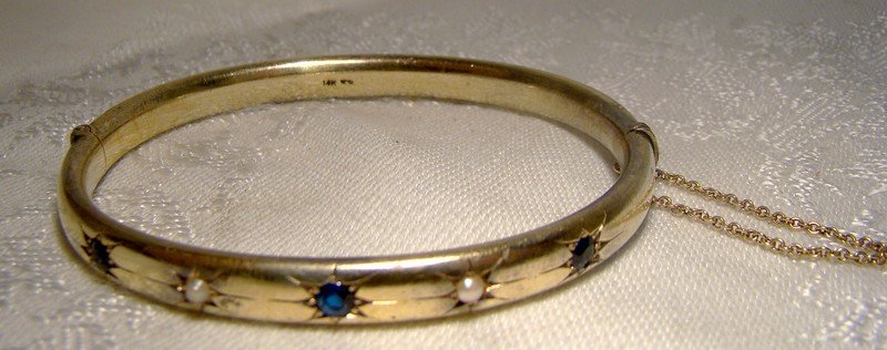 Edwardian 14K Yellow Gold Synthetic Sapphires &amp; Pearls Bangle Bracelet