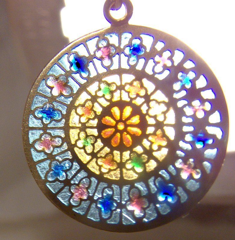 18K Yellow Gold Plique-a-Jour Enamel Stained Glass Window Charm Pend